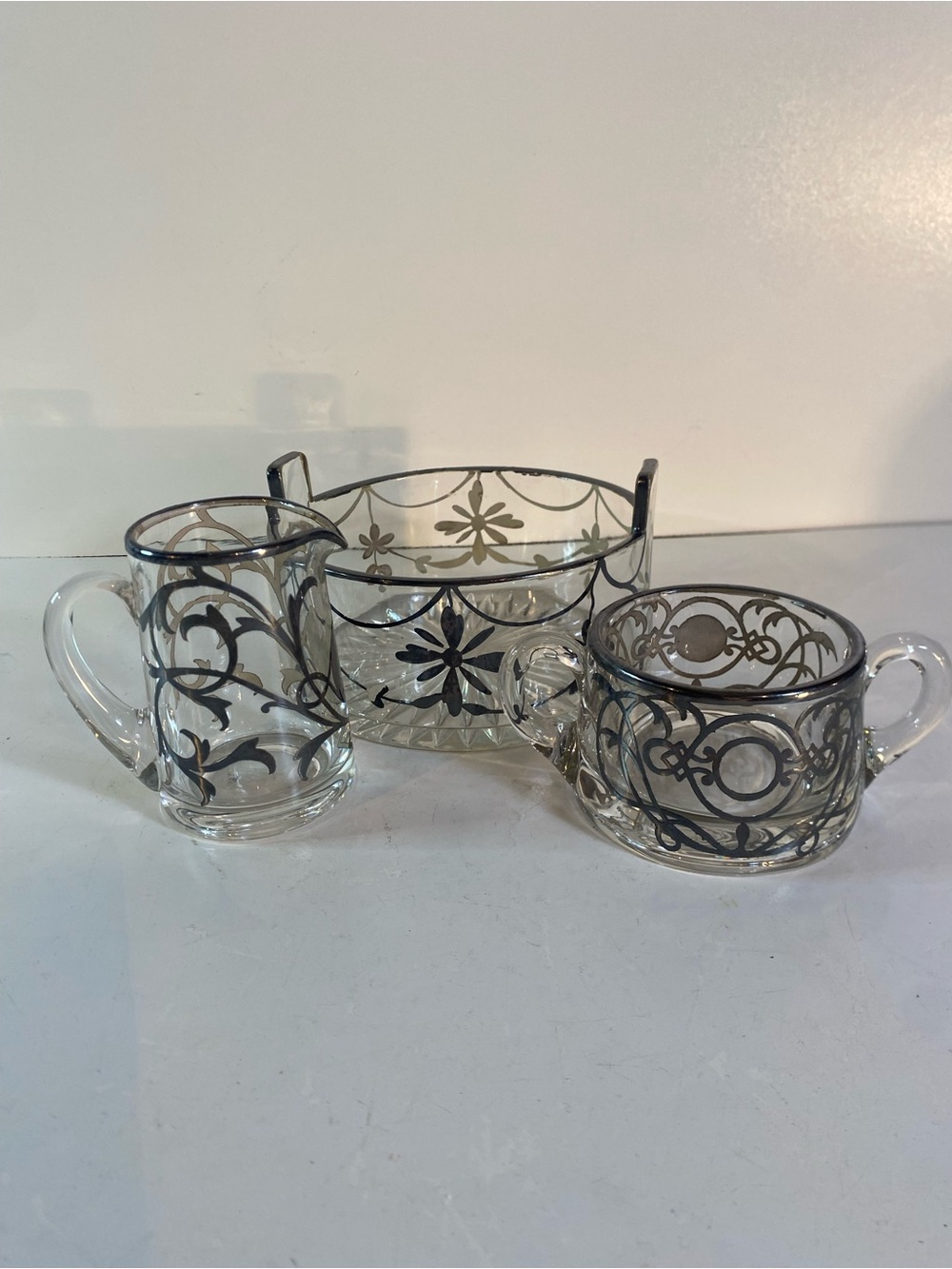 Vintage Art Nouveau Clear Glass Silver Overlay Sugar Bowl, Cream Pitcher, & Bowl